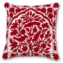 K&K Interiors Red And White Bird Embroidered Pillow