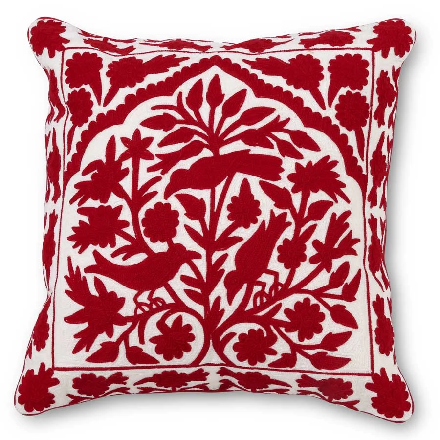 K&K Interiors Red And White Bird Embroidered Pillow 1 K&K Interiors Red And White Bird Embroidered Pillow
