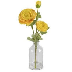 K&K Interiors 14" Real Touch Triple Bloom Ranunculus In Glass Bottle, Yellow Plants & Potted Items