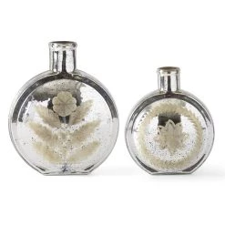 K&K Interiors Silver Mercury Glass Etched Flat Rounded Vase (Various Sizes)