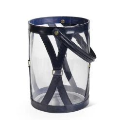 K&K Interiors Glass Lantern With Royal Blue Leather Straps, Large Home Accents
