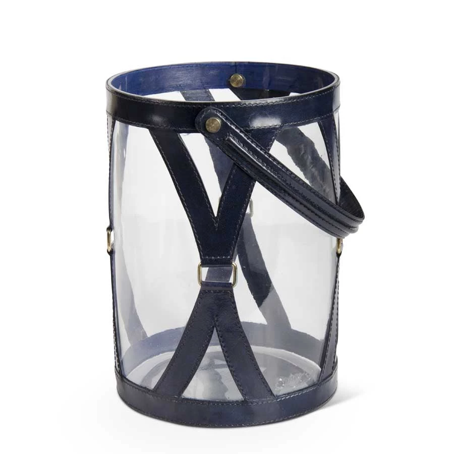 K&K Interiors Glass Lantern With Royal Blue Leather Straps, Large Home Accents 1 K&K Interiors Glass Lantern With Royal Blue Leather Straps, Large Home Accents
