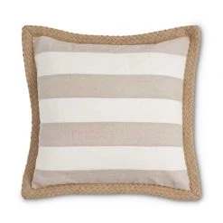 K&K Interiors Pillows Linen Cream & Tan Striped Pillow With Jute Braid Piping