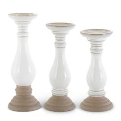 K&K Interiors White Ceramic Candleholders With Unglazed Base, Set Of 3