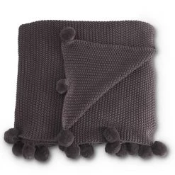 K&K Interiors Moss Stitch Knit Throw W/ Pompom Trim (Various Colors)