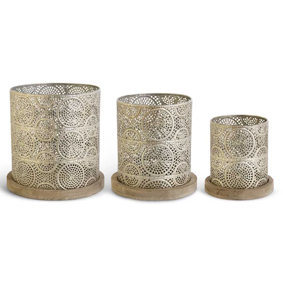 K&K Interiors Champagne Punched Metal Basket With Wood Base (Various Sizes) Home Accents 1 K&K Interiors Champagne Punched Metal Basket With Wood Base (Various Sizes) Home Accents