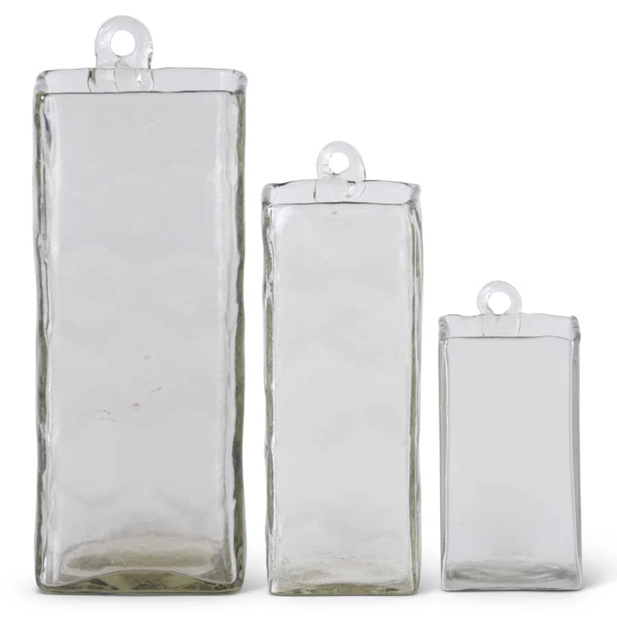 K&K Interiors Home Accents Large Hand-blown Square Clear Glass Hanging Vase (Various Sizes) 1 K&K Interiors Home Accents Large Hand-blown Square Clear Glass Hanging Vase (Various Sizes)
