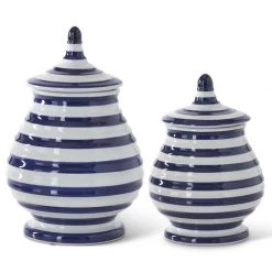 K&K Interiors Vases, Bottles, & Containers Blue & White Striped Lidded Porcelain Container (Various Sizes)