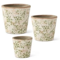 K&K Interiors Cream & Green Floral Ceramic Pot (Various Sizes)