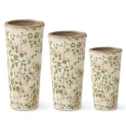 K&K Interiors Home Accents Tall Cream & Green Floral Ceramic Pot (Various Sizes)