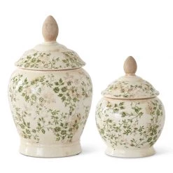K&K Interiors Cream & Green Floral Ceramic Lidded Container (Various Sizes)