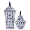 K&K Interiors White & Blue Oval Print Ornate Porcelain Lidded Container (Various Sizes) Vases, Bottles, & Containers