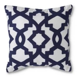 K&K Interiors Square Knit White Pillow With Blue Geometric Interlocking Pattern