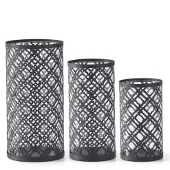 K&K Interiors Black Metal Key Cutout Hurricane Candleholders, Set Of 3