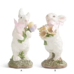 K&K Interiors Glitter Bunny With Pink Bow Holding Flowers (Various Styles)