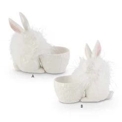 K&K Interiors White Porcelain Egg Holder With Feathered Bunny (Various Styles) Spring