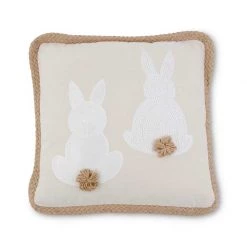 K&K Interiors Square Tan Pillow With White Embroidered Easter Bunny