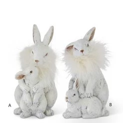 K&K Interiors White Resin Rabbit & Bunnies With Feather Collar (Various Styles) Spring
