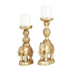 UMA Gold Polystone Traditional Elephant Candleholders, Set Of 2