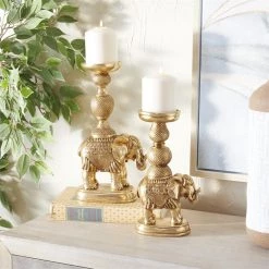 UMA Gold Polystone Traditional Elephant Candleholders, Set Of 2