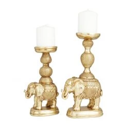 UMA Gold Polystone Traditional Elephant Candleholders, Set Of 2
