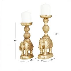 UMA Gold Polystone Traditional Elephant Candleholders, Set Of 2