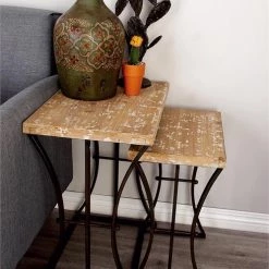 UMA Brown Wood Industrial Accent Nesting Tables, Set Of 3 Accent Furniture