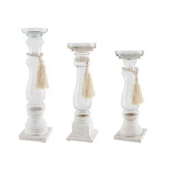 Mud Pie Glass & Wood Bead Candlesticks, Set Of 3 Candleholders