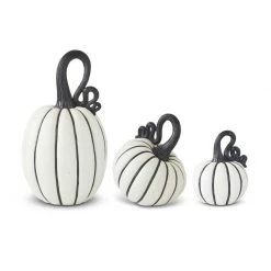 K&K Interiors Fall Home Decor White & Black Striped Resin Pumpkin With Curly Stems (Various Sizes)