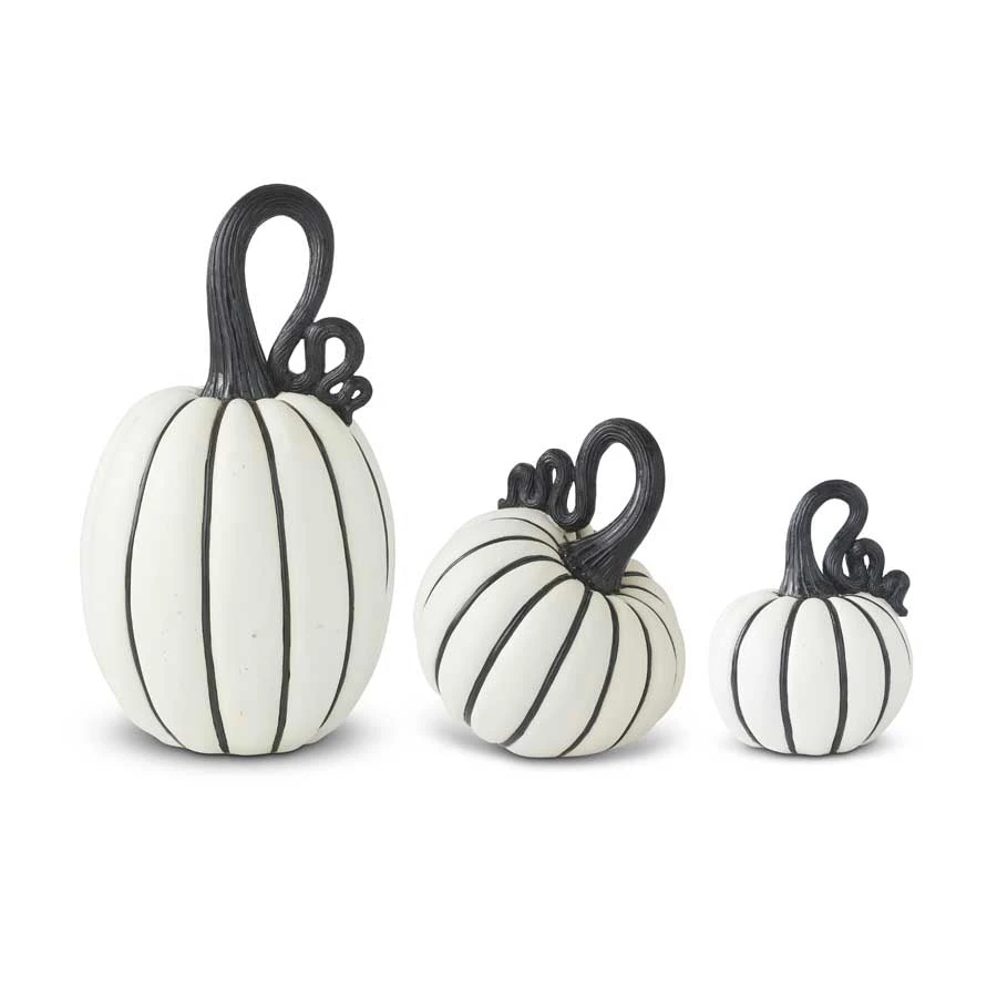 K&K Interiors Fall Home Decor White & Black Striped Resin Pumpkin With Curly Stems (Various Sizes) 1 K&K Interiors Fall Home Decor White & Black Striped Resin Pumpkin With Curly Stems (Various Sizes)