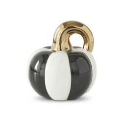 K&K Interiors Porch View Home Candles White & Black Striped Ceramic Pumpkin With Gold Stem