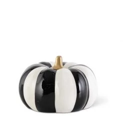 K&K Interiors Fall Home Decor Ceramic Black & White Striped Pumpkin With Gold Stem (Various Sizes)
