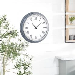 UMA Wall Clocks White Metal Wall Clock With Blue Trim