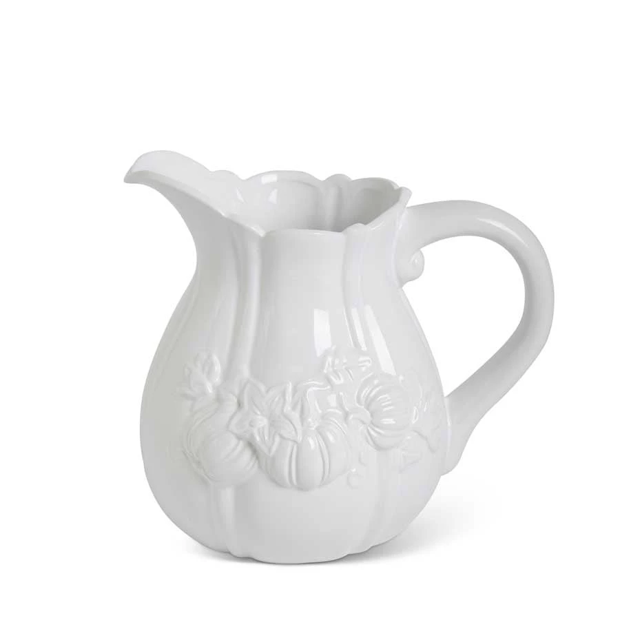 K&K Interiors White Dolomite Pitcher With Embossed Pumpkins 1 K&K Interiors White Dolomite Pitcher With Embossed Pumpkins