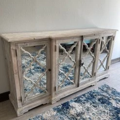 Global Imports Finley Elm Breakfront Quatrefoil Mirrored Console (Whitewash) Consoles, Breakfronts, & Sideboards