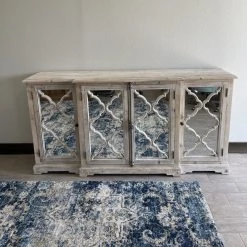 Global Imports Finley Elm Breakfront Quatrefoil Mirrored Console (Whitewash) Consoles, Breakfronts, & Sideboards