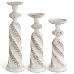 K&K Interiors White Wash Resin Dot Embossed Candleholders , Set Of 3