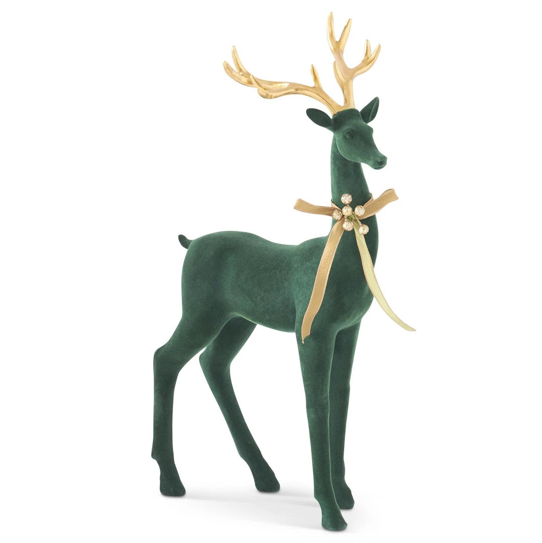 K&K Interiors Christmas Home Decor Dark Green Velvet Deer With Gold Antlers And Bow (Various Styles) 3 K&K Interiors Christmas Home Decor Dark Green Velvet Deer With Gold Antlers And Bow (Various Styles)