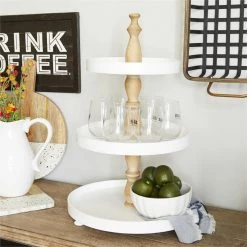 UMA White Wood Farmhouse 3-Tiered Server Decorative Trays & Risers