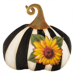 Round Top Collection Black & White Striped Pumpkin With Sunflower