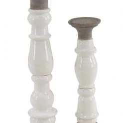 UMA White Stoneware Candleholders, Set Of 2
