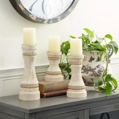 UMA Distressed Wooden Beaded Candleholders, Set Of 3