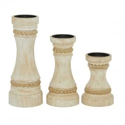 UMA Distressed Wooden Beaded Candleholders, Set Of 3