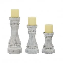 UMA Gray Distressed Wooden Beaded Candleholders, Set Of 3