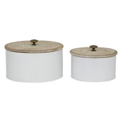 UMA Round White Iron Box With Carved Wood Lid (Various Sizes) Home Accents