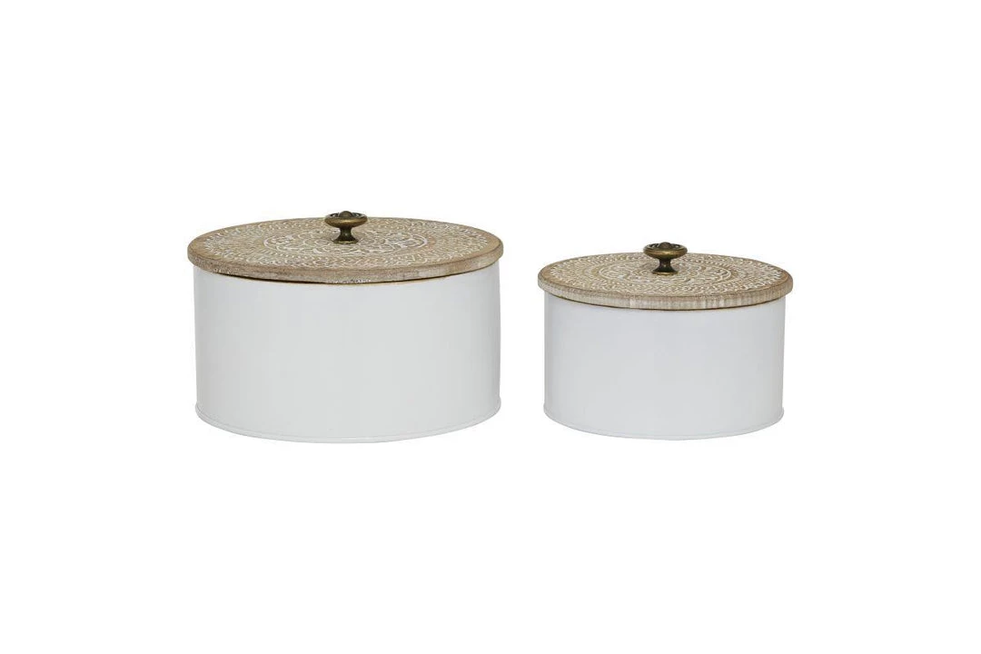 UMA Round White Iron Box With Carved Wood Lid (Various Sizes) Home Accents 1 UMA Round White Iron Box With Carved Wood Lid (Various Sizes) Home Accents
