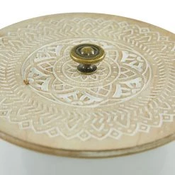 UMA Round White Iron Box With Carved Wood Lid (Various Sizes) Home Accents 7 UMA Round White Iron Box With Carved Wood Lid (Various Sizes) Home Accents