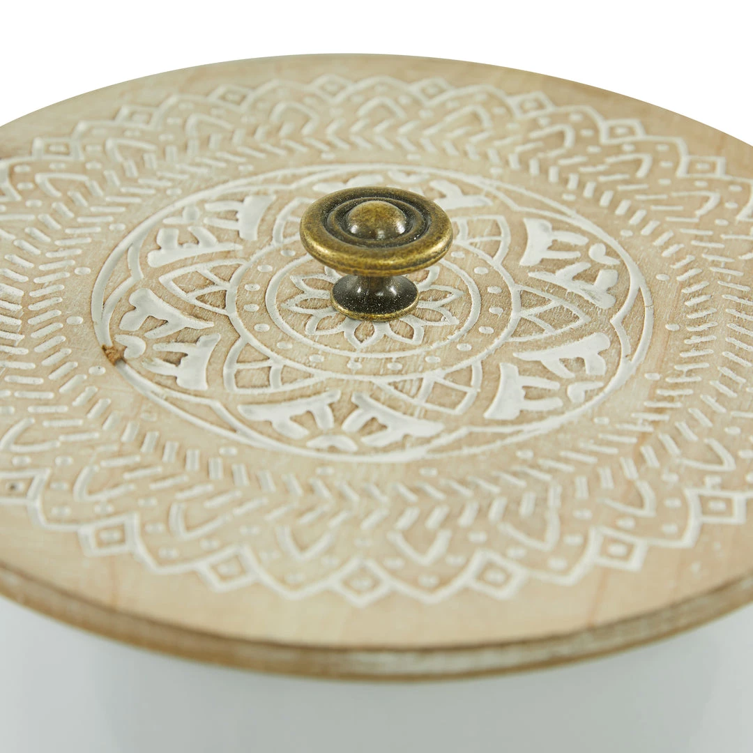 UMA Round White Iron Box With Carved Wood Lid (Various Sizes) Home Accents 3 UMA Round White Iron Box With Carved Wood Lid (Various Sizes) Home Accents