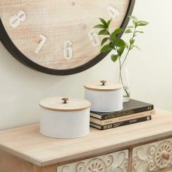 UMA Round White Iron Box With Carved Wood Lid (Various Sizes) Home Accents 9 UMA Round White Iron Box With Carved Wood Lid (Various Sizes) Home Accents