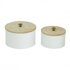UMA Round White Iron Box With Carved Wood Lid (Various Sizes) Home Accents